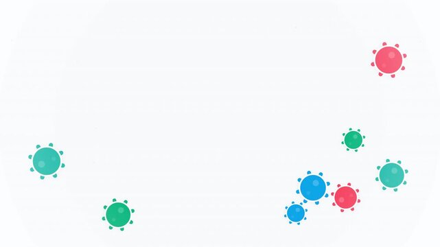 Illustration of multiple virus particles in varied colors, sizes, and orientations scattered across a white background, symbolizing microscopic entities