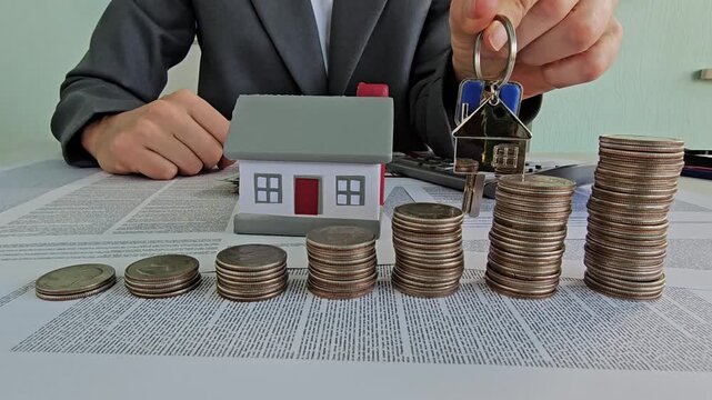 Real estate agent shows house model and stacks of coins as symbols of investment growth in property market