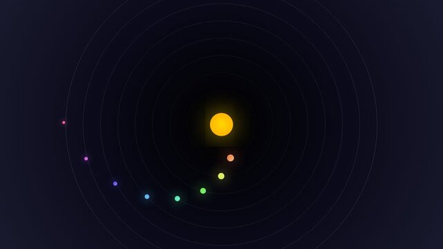 A minimalist solar system model with a central sun and rainbow planet orbit