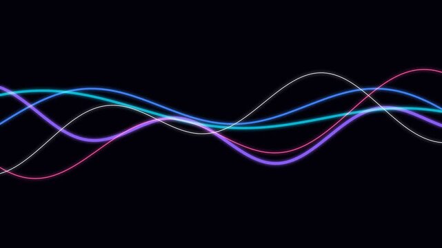 Abstract neon wave lines glowing in vibrant colors on a deep black background