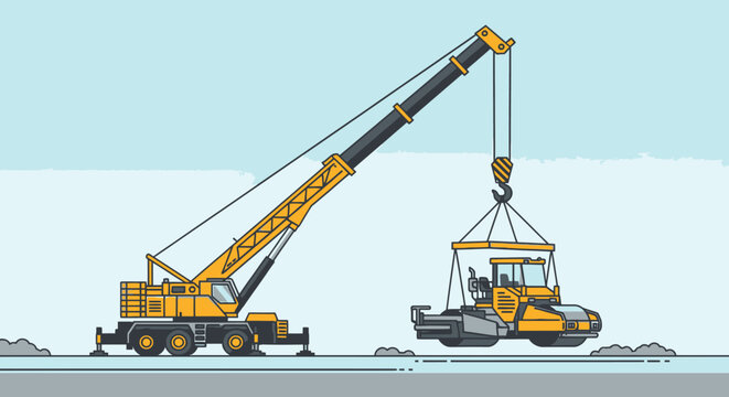 Crane lifting heavy equipment construction site graphic illustration