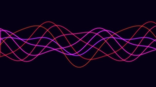 Neon red and purple abstract sine waves glowing on a dark black background