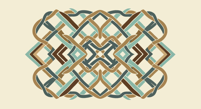 Symmetrical interwoven geometric knotwork design with overlapping ribbons in teal, brown, and tan colors. Centralized tribal motif inspired by Celtic art style on a beige background.