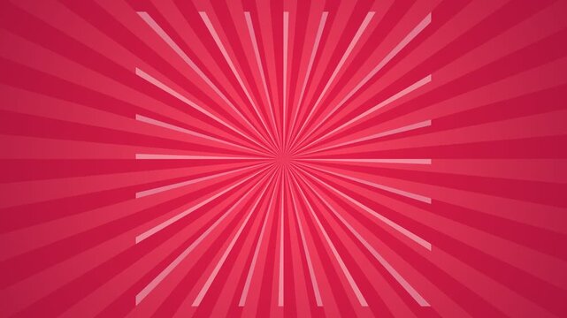 A vibrant red background featuring a dynamic sunburst pattern and radial lines