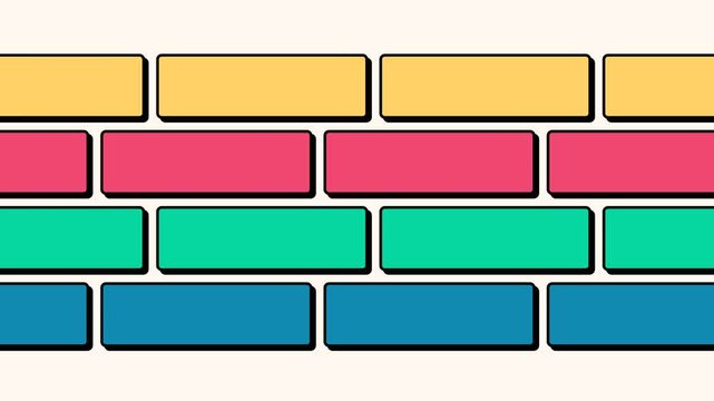 A colorful pattern of stacked rectangular bricks in yellow, red, and blue