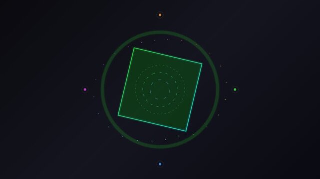 Abstract golden triangle enclosed within a circular frame on dark background