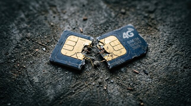 Broken 4G SIM card on a textured concrete surface