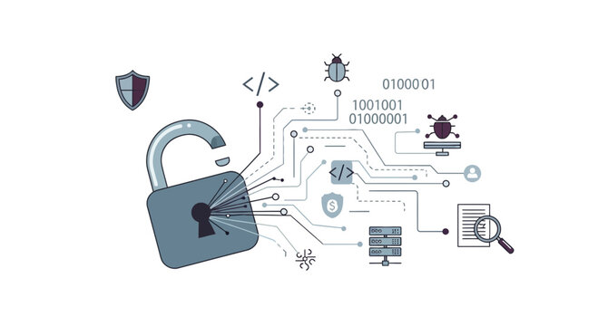 Cybersecurity concept: unlocked padlock, data, binary code, bugs