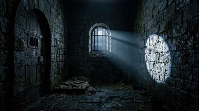 Dark medieval prison cell with moonlight shining through barred window