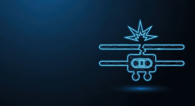 Glowing blue neon electrical fuse icon with a crack and spark, representing danger and power surge