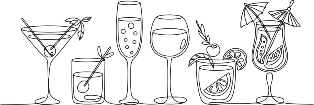 Alcoholic cocktails set, long drink beverages for holiday celebrating. Use for decorating design festive menu. Hand-drawn doodle style. one line Icon drawing