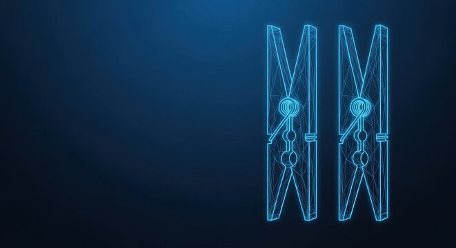 Two Blue Wireframe Clothespins With Glowing Outline Isolated Against A Dark Blue Gradient Background