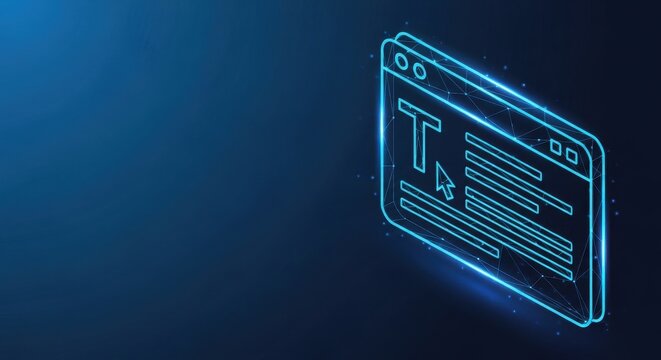 Digital text editor window with cursor, glowing blue neon lines on dark background, representing online writing and content creation.