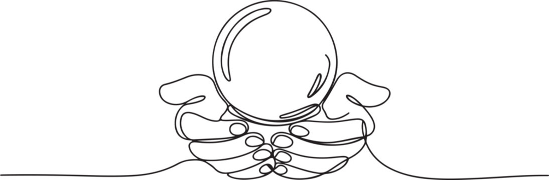 Hands hold divination crystal ball one line art, hand drawn magiv fortune telling continuous contour. Occult concept. one line Icon drawing