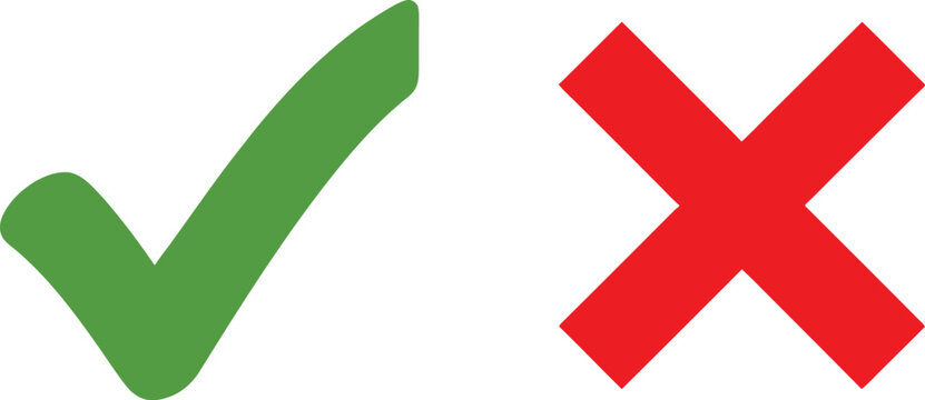 Green check mark and red cross sign icons for true or false choice and survey feedback selection Vector