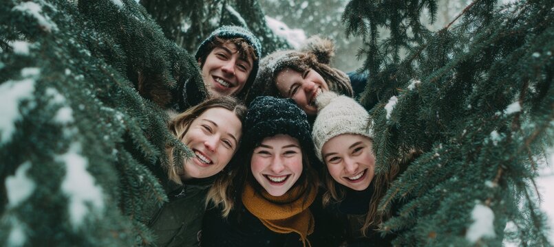 Group of five young adults smiling and posing together in a snowy forest, surrounded by evergreen trees and winter scenery