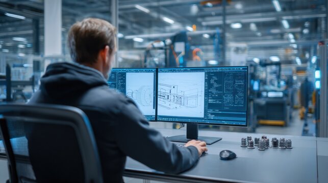Male engineer working on computer with CAD software in modern industrial facility, detailed blueprints displayed on dual monitors