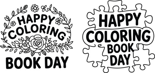 Obraz premium Happy coloring book day typography vector set, hand drawn doodle lettering coloring page design for kids