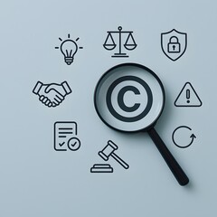 Fototapeta premium Magnifying glass over a copyright symbol surrounded by legal and intellectual property icons on a blue background