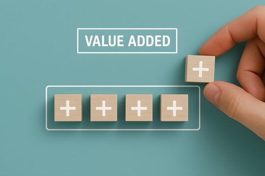 Hand placing a wooden block with a plus sign to complete a value added concept for business growth strategy