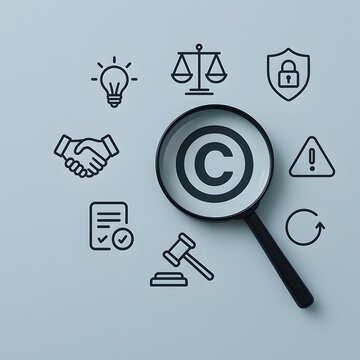 Magnifying glass over a copyright symbol surrounded by legal and intellectual property icons on a blue background