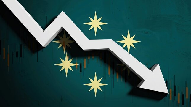 Downward arrow, stock market crash, economic recession, financial loss, bear market, investment risk, business failure conceptualized with a 3D arrow on teal texture.