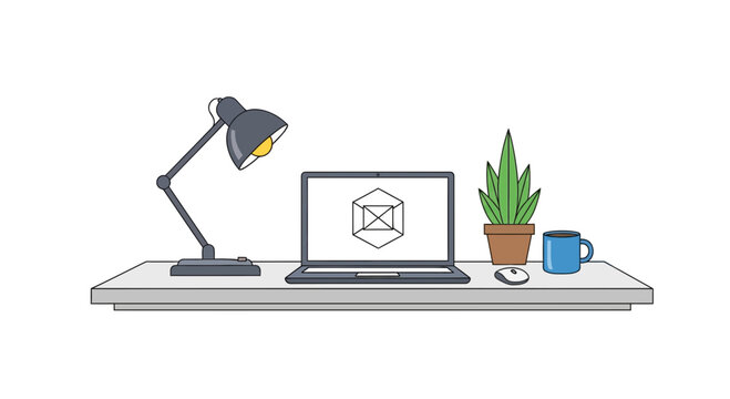 Desk setup with laptop, lamp, plant and coffee mug