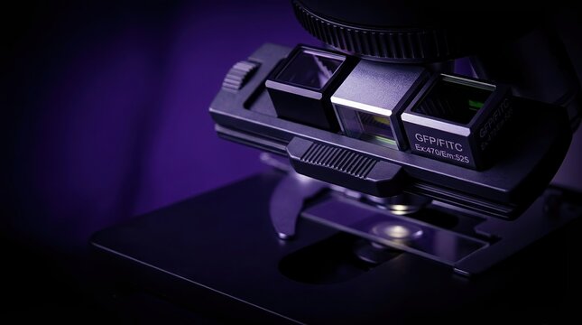 Microscope, laboratory, fluorescence, science, research, biotechnology, technology - professional macro view of advanced optical equipment for genetic and cellular sample analysis.