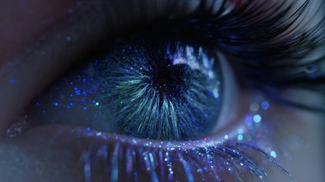 Close up of a human eye with vibrant blue iris and glitter