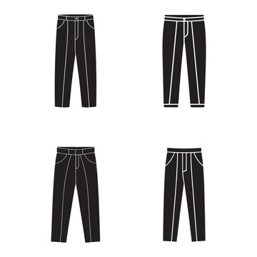 Four different types of black pants with various waistbands and pockets  isolated on white background