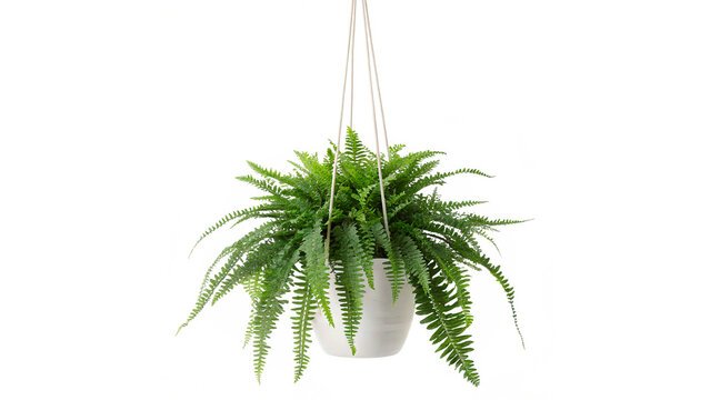A green domestic houseplant fern hanging gracefully inside a white hanging basket pot isolated on transparent background cut out