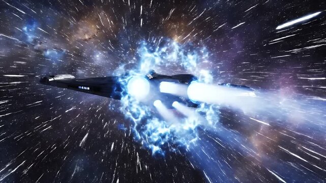 A futuristic spacecraft gracefully traverses the vast expanse of space, illuminated by a distant planet and a vibrant nebula.