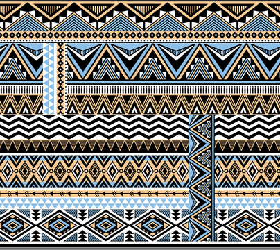 Seamless tribal aztec geometric pattern with colorful stripes and ethnic patchwork borders for textile print.