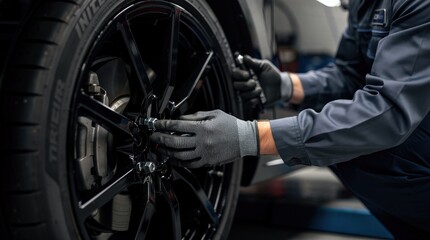 A mechanic wearing gloves uses a wrench to tighten the lug nuts on a black car wheel in an auto repair shop.