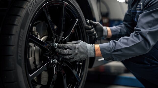 A mechanic wearing gloves uses a wrench to tighten the lug nuts on a black car wheel in an auto repair shop.
