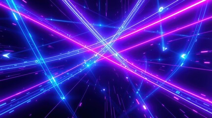 Fototapeta premium Bright neon lines intersect, creating dynamic abstract tunnel. Vivid purple, blue hues dominate dark background. Futuristic, energetic visuals.
