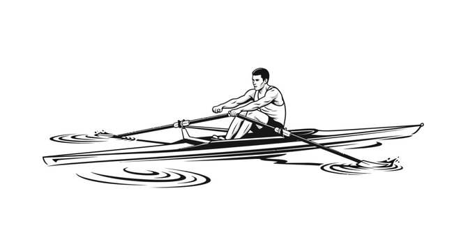 Man rowing a boat with oars on water surface