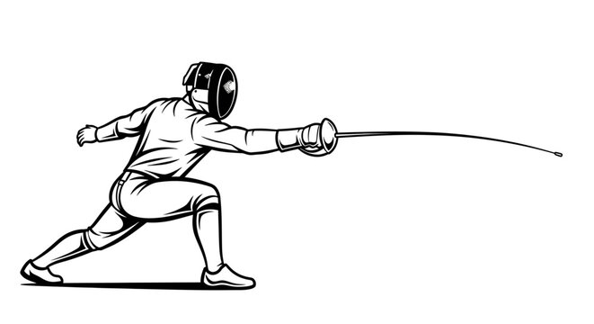 Fencer in action with sword and protective gear in fencing stance
