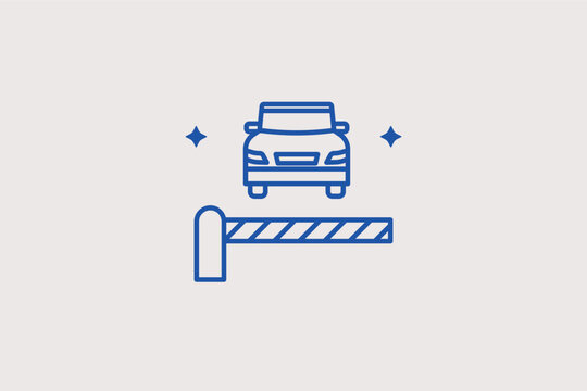 A car behind a parking barrier gate line icon for checkpoint access control and paid garage entries. Vector illustration for security system websites and toll road apps.