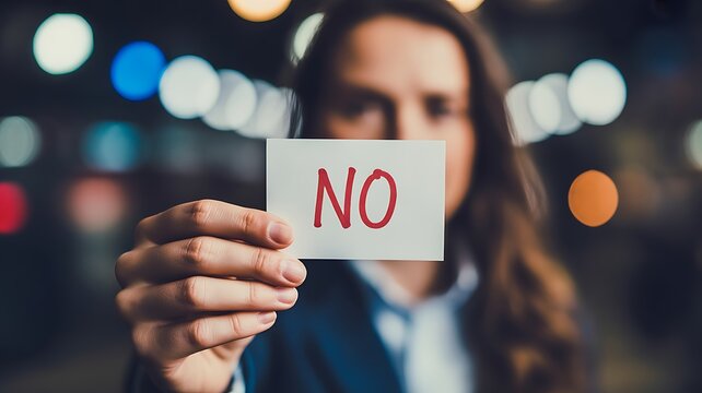Woman holding no sign card with refusal and rejection concept background