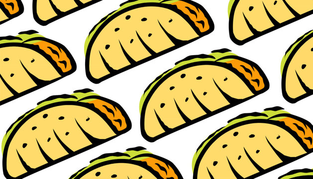Taco Seamless Pattern. Hand Drawn Mexican Food Background. Minimal Doodle Style.