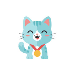 Fototapeta premium Cute Blue Cat Cartoon Character with Gold Medal