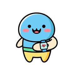 Fototapeta premium Cute Blue Character Wearing Smartwatch, Health Tracking