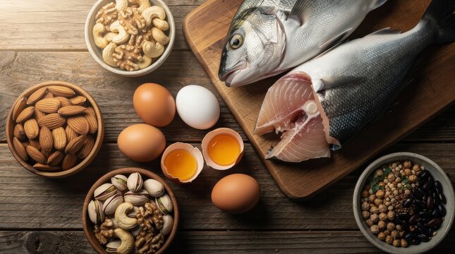 Fresh fish, eggs, and assorted nuts displayed on a wooden surface, highlighting diverse protein-rich food sources.