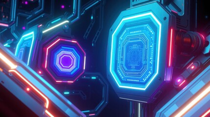 Fototapeta premium Futuristic tunnel. Neon lights create complex geometric patterns. Dark background emphasizes vibrant colors, technology focus.