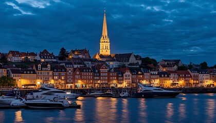 Fototapeta premium Beautiful european city skyline with illuminated church at night by water