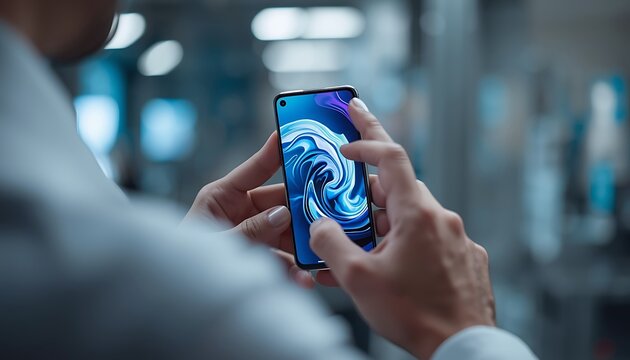 Person using smartphone fingerprint scanner at night