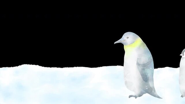 ペンギン家族が歩いて通り過ぎる涼しげなフレーム。可愛らしい動物キャラクターによるアルファチャンネル付きの水彩タッチアニメーション。