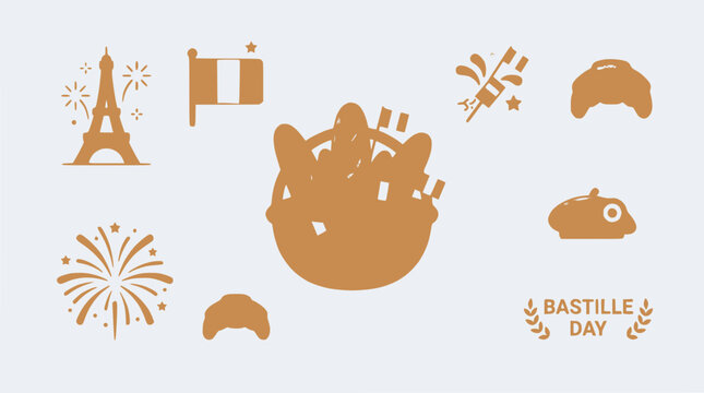 Bastille Day Celebration Icons: Eiffel Tower, Flag, Fireworks, Croissants, Beret, Hot Dogs