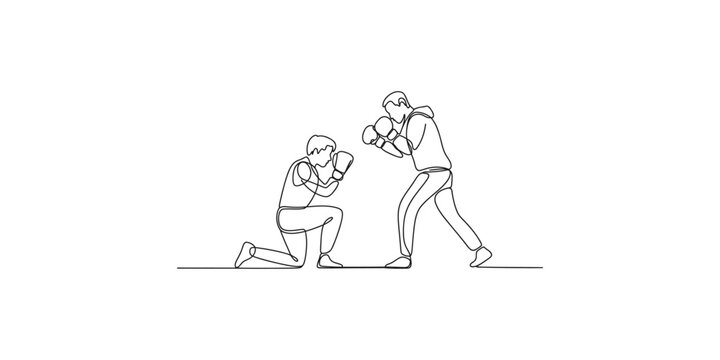 Two boxers in a fighting stance with one on one knee and gloves up in a defensive position